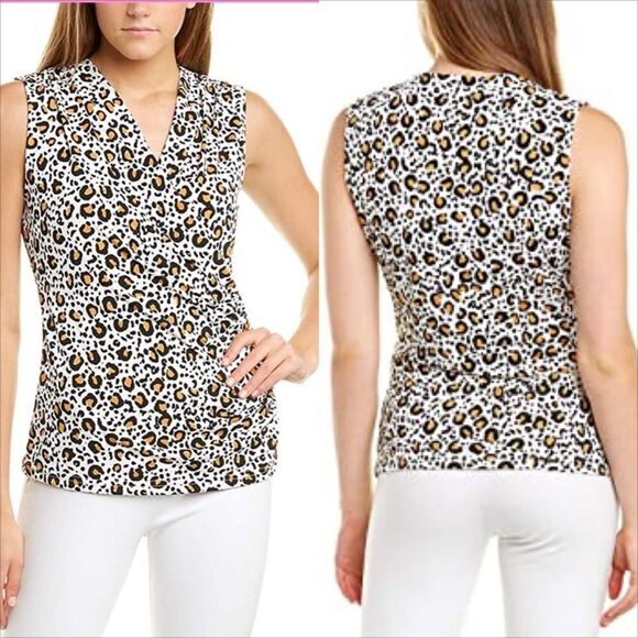 Tahari ASL Fitted sleeveless jersey knit wrap top in‎ cognac cheetah print - Picture 1 of 9
